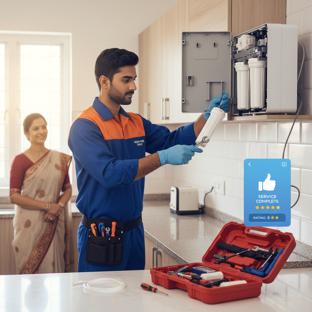 RO water purifier technician repairing a water purifier at home