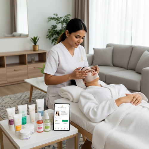 Professional beauty expert giving facial treatment at home