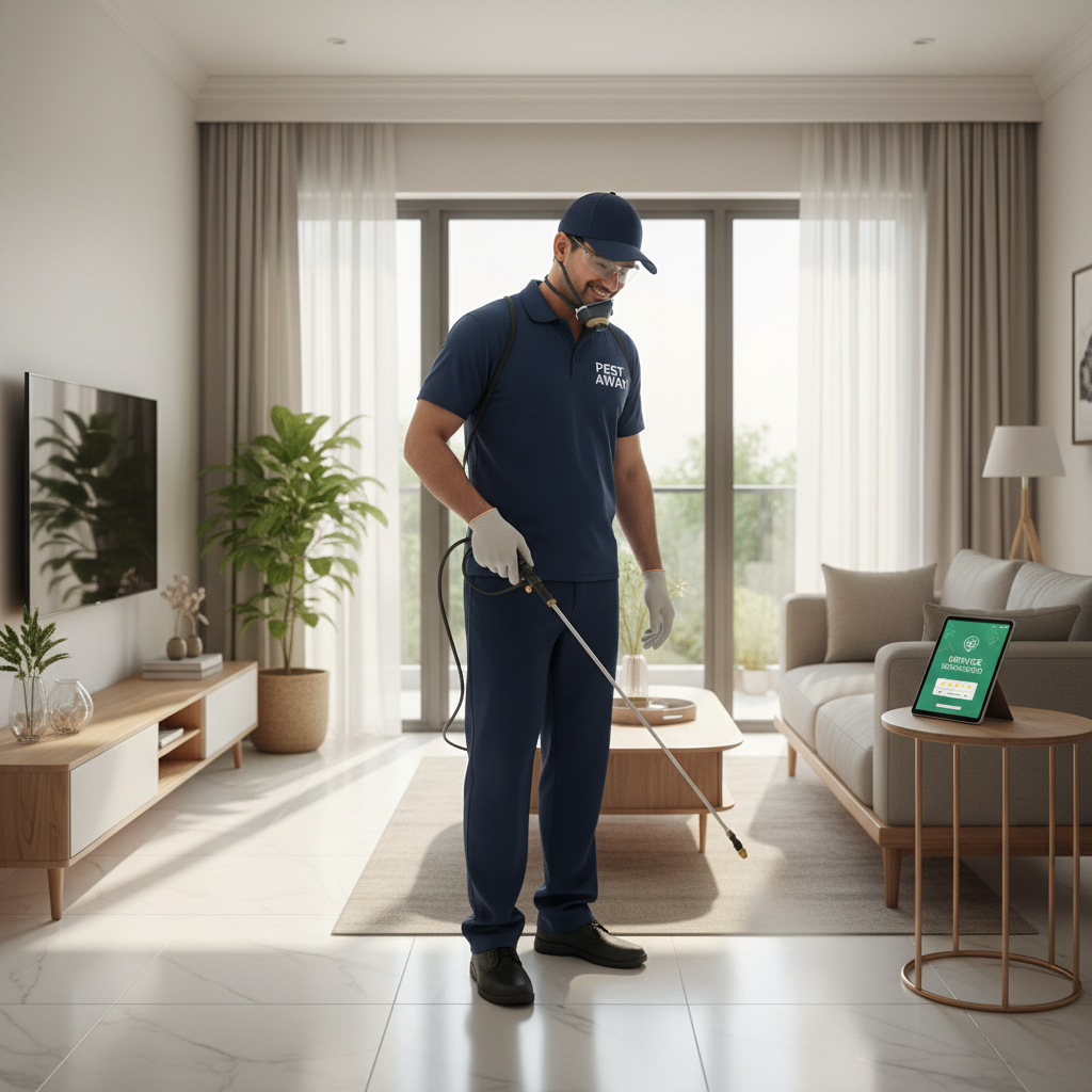 Professional pest control technician spraying treatment in a modern home