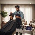 Professional barber giving a haircut to a man at home