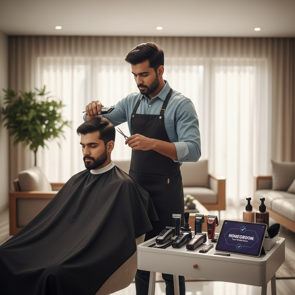 Professional barber giving a haircut to a man at home