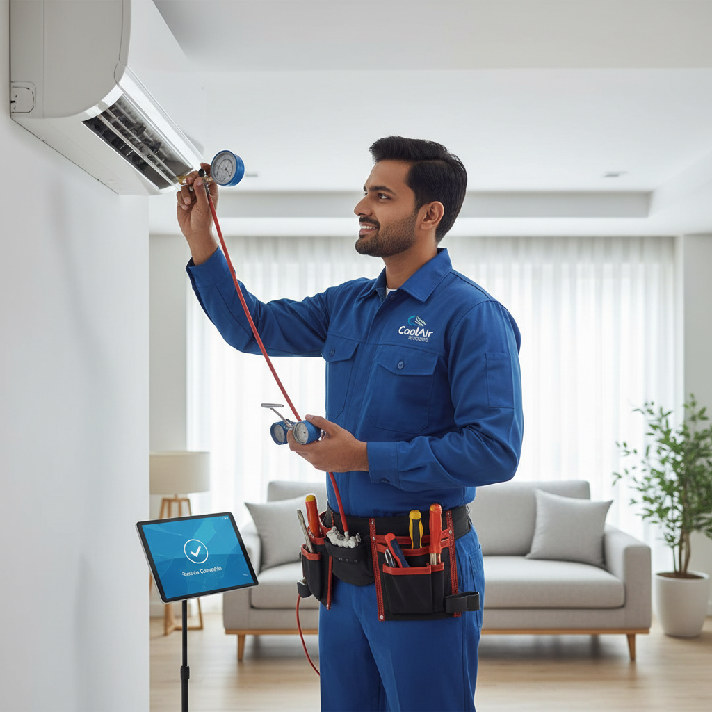 Professional AC technician servicing an air conditioner at home