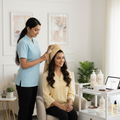 Professional beautician giving hair treatment to a woman at home