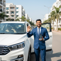 Professional driver in uniform standing next to a clean car ready for doorstep service
