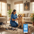 Professional pet groomer grooming a dog at home