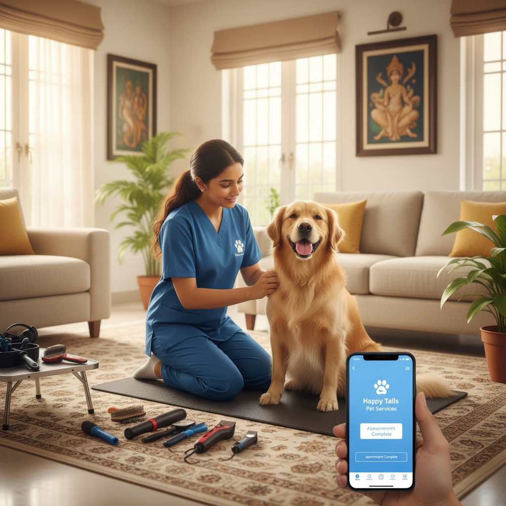 Professional pet groomer grooming a dog at home