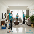 Professional home cleaning staff cleaning a modern living room at doorstep