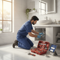 Professional plumber doing doorstep plumbing repair at home