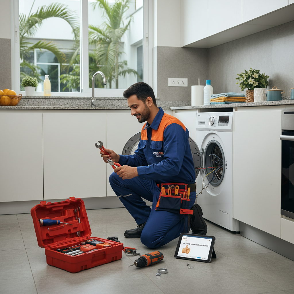 Professional appliance repair technician fixing a washing machine at home