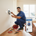 Professional electrician doing doorstep electrical repair at home