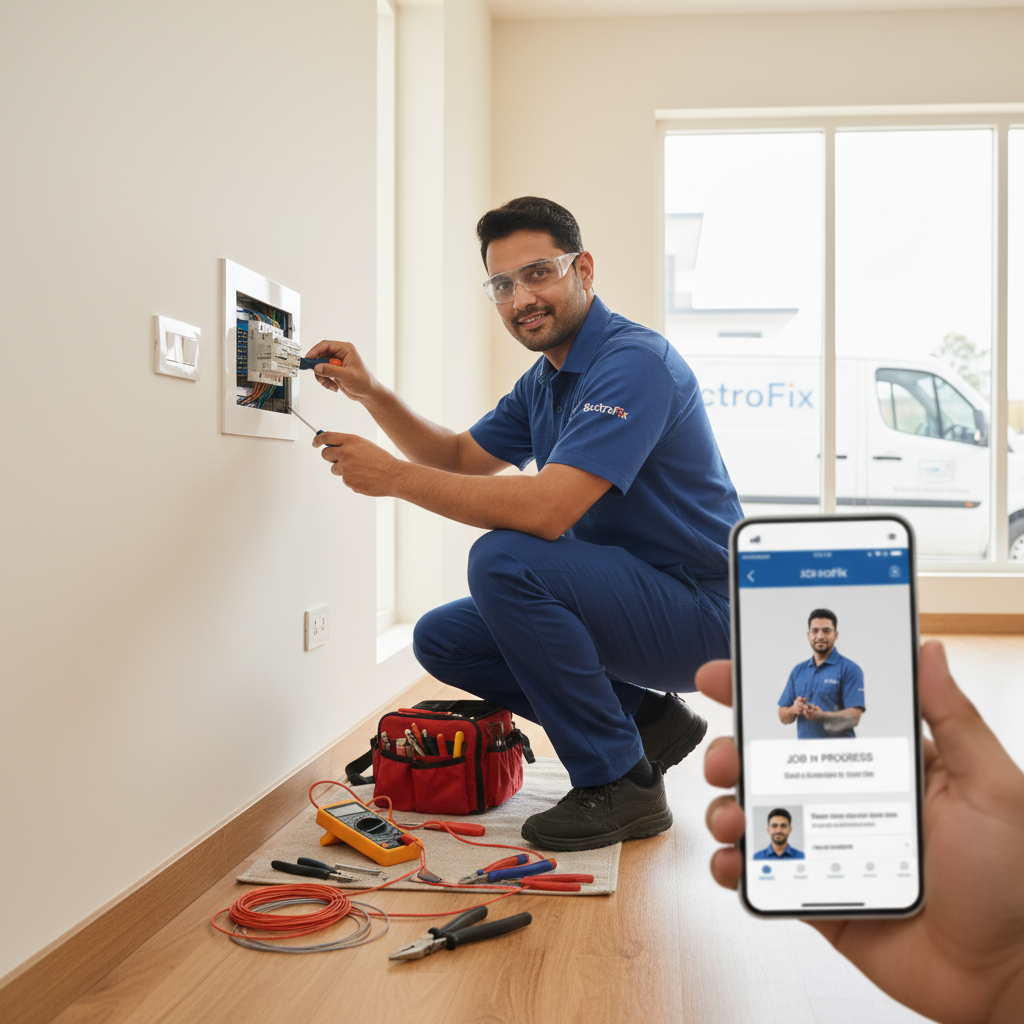 Professional electrician doing doorstep electrical repair at home