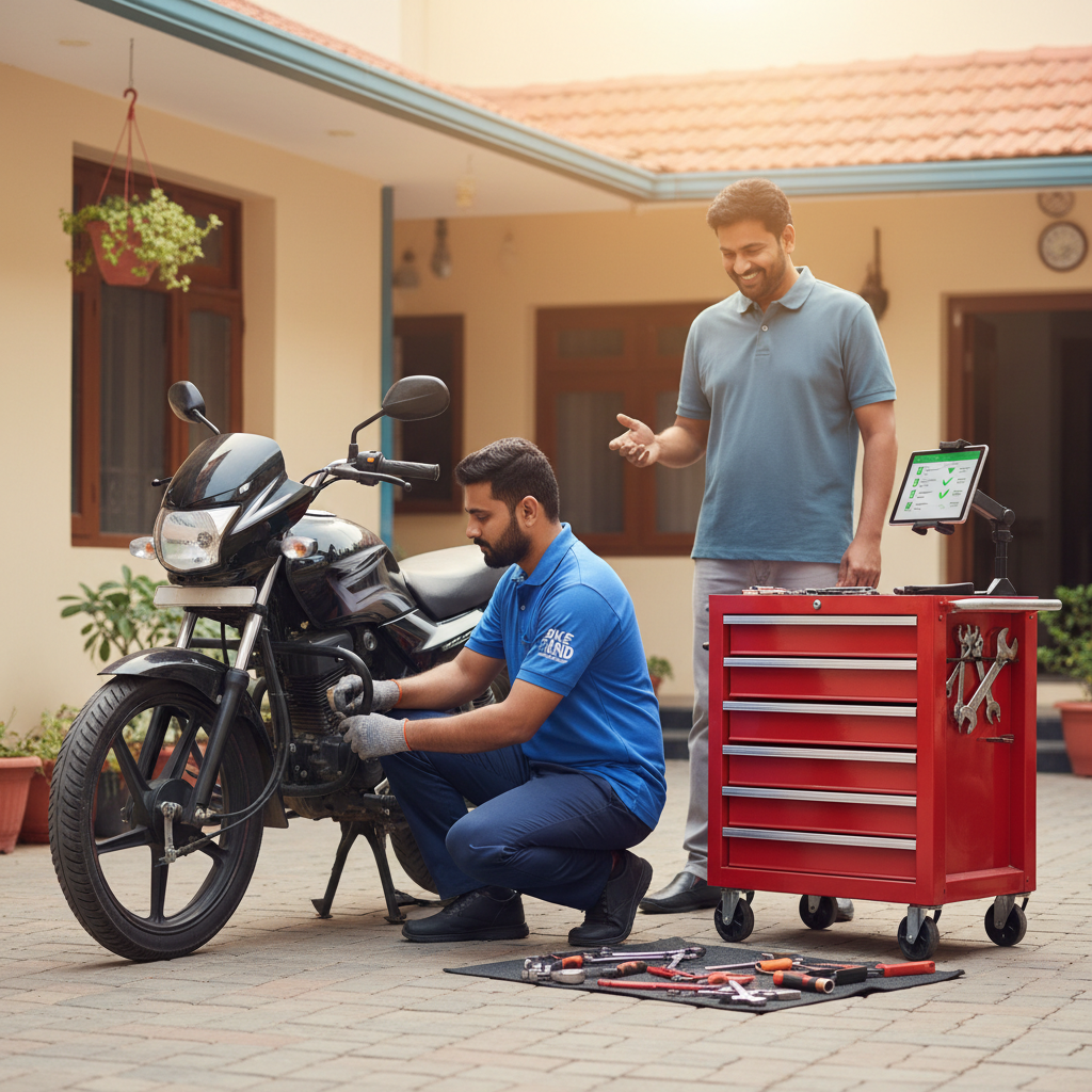 Professional mechanic repairing a motorcycle at home doorstep