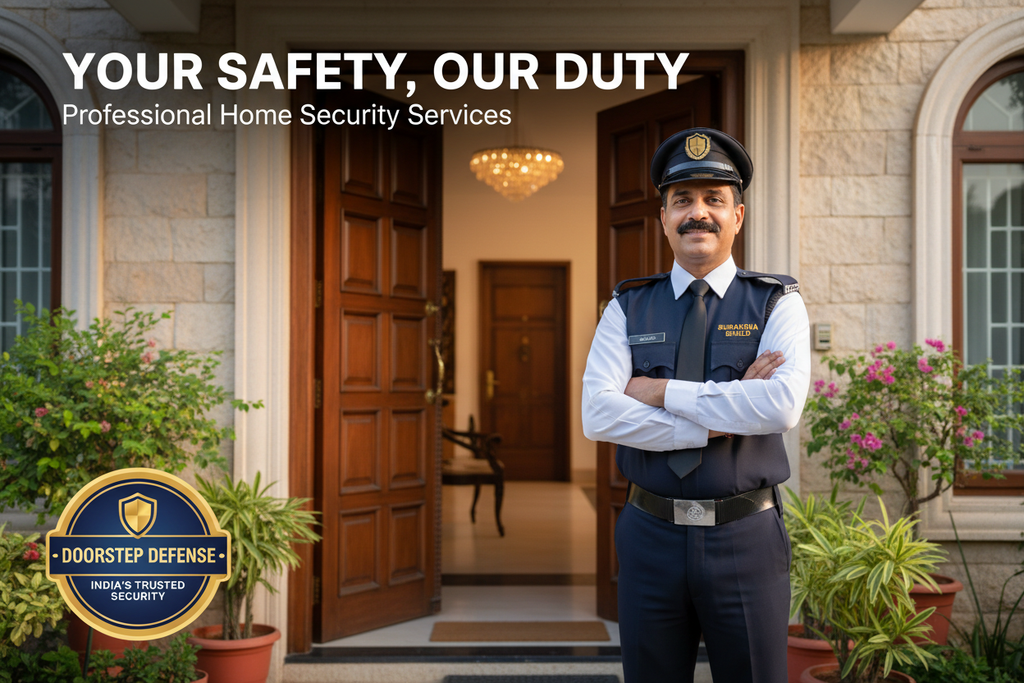 Professional uniformed security guard at home entrance